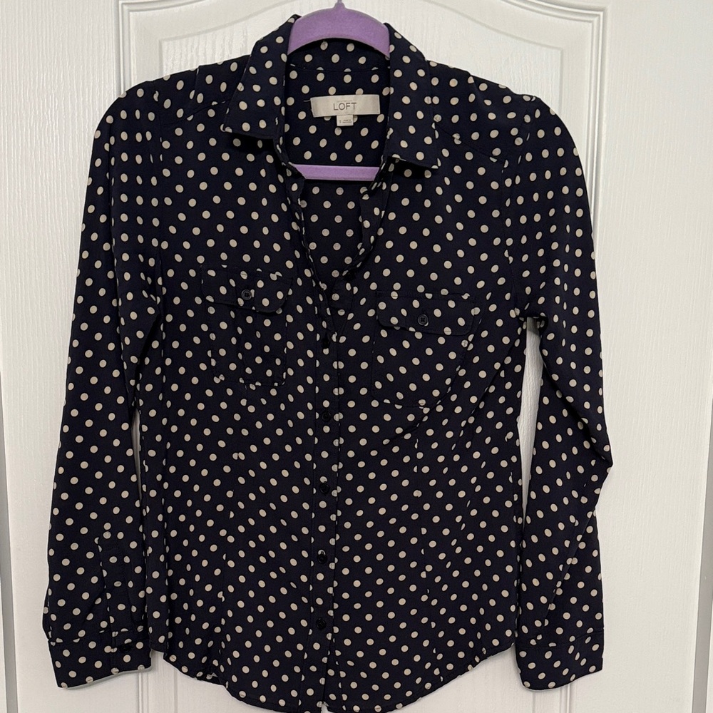 LOFT Navy and Ivory Polka Dot Button-Down Blouse